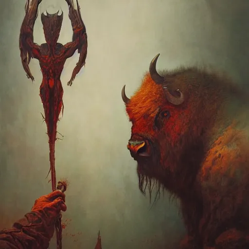 Prompt: portrait of Josh Allen wearing Bison head, dark fantasy, Warhammer, artstation painted by Zdzisław Beksiński and Wayne Barlowe