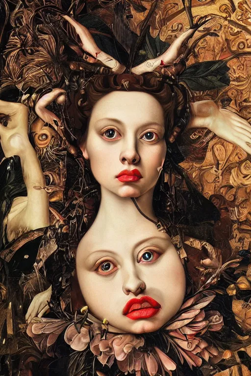 Image similar to Detailed maximalist portrait with large lips and with large, wide eyes, expressive, extra flesh, HD mixed media, 3D collage, highly detailed and intricate, surreal, illustration in the style of Caravaggio, dark art, baroque