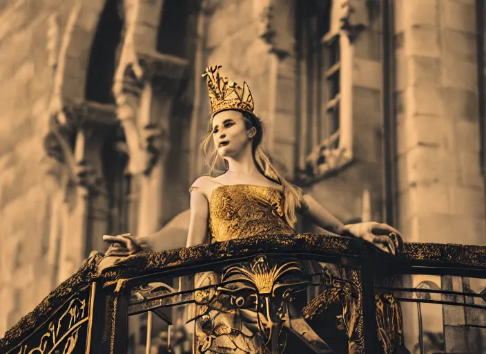 Image similar to a beautiful queen stands on a balcony overlooking a fantasy medieval gothic city, beautiful dramatic golden light and glow rays, 3 5 mm photography