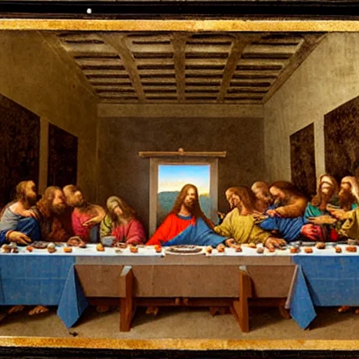 Image similar to an American comic book panel of The Last Supper by Leonardo da Vinci