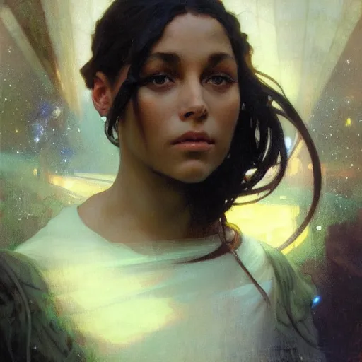 Image similar to hyperrealist portrait of arueshalae from pathfinder, in the background lies the universe. by jeremy mann and alphonse mucha, fantasy art, photo realistic, dynamic lighting, artstation, poster, volumetric lighting, very detailed faces, 4 k, award winning