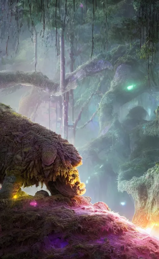 Prompt: microscopic tardigrade, microbiology, magical forest, ruins, civilization, mayan, futuristic, sharp focus, electric, backlight, furry, soft, concept art, intricate details, highly detailed, photorealistic, disney pixar, octane render, iridescent, global illumination, anime, 8 k