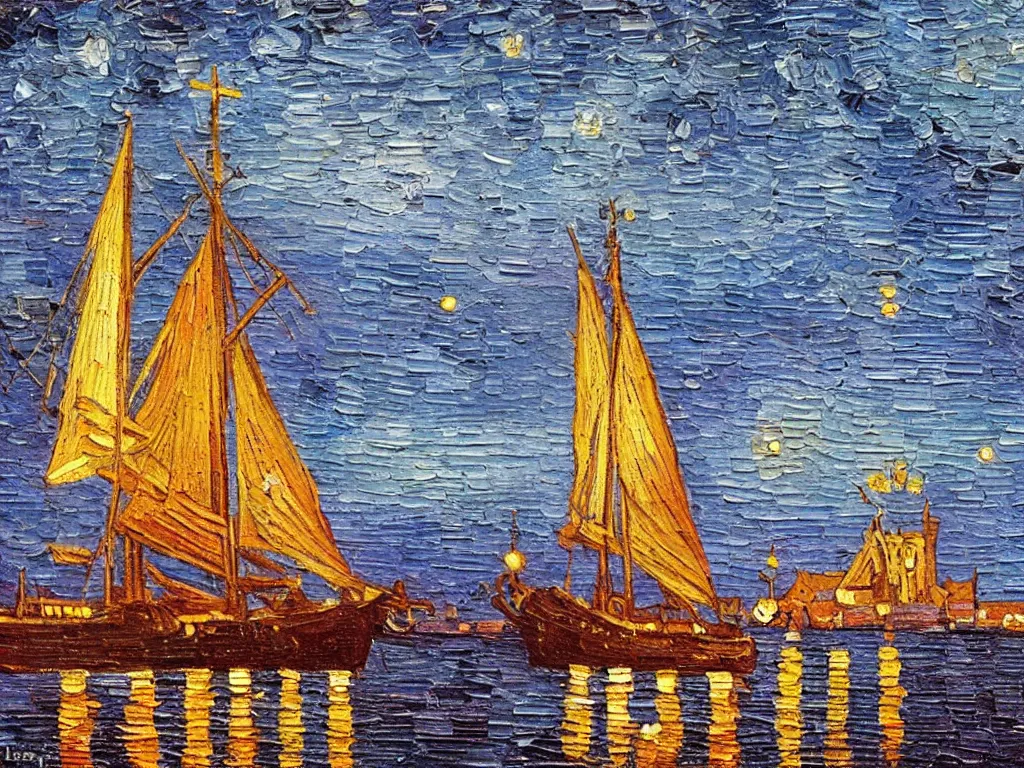 Image similar to oil painting of a viking longship entering port at new york city at night, light scatter, van gogh