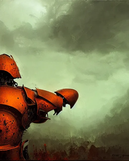 Prompt: Hyper realistic painting of a knight in a rusted full plate armor, green and orange rust, hyper detailed, thunderstorm, midnight, volumetric lighting, creepy atmosphere, by greg rutkowski