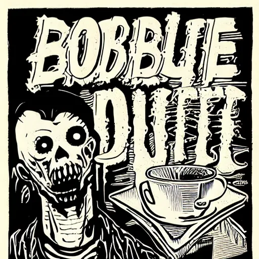 Image similar to woodcut, vhs cover, 1 9 8 3, horror, coffee shop, espresso machine, barista zombie, los angeles, designed by charles burns