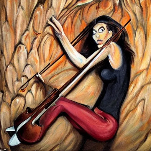 Prompt: incredible masterful painting of a spider woman ( female torso, spider legs ) in a cave upside down playing a violin, scary