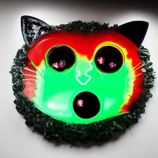 Prompt: a cat made entirely of jello, glowing eyes