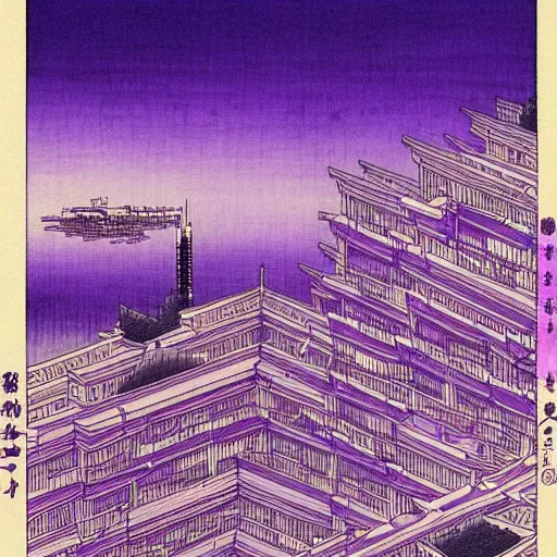 Image similar to purple cyberpunk city, by Hokusai