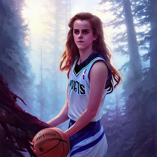 Image similar to portrait of teen emma watson in an nba minnesota timberwolves basketball uniform, fantasy art by greg rutkowski, loish, rhads, ferdinand knab, makoto shinkai and lois van baarle, ilya kuvshinov, rossdraws, tom bagshaw, global illumination, radiant light, detailed and intricate environment