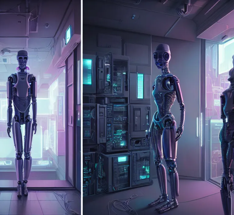 Image similar to hyperrealism stock photography of highly detailed stylish humanoid robot in sci - fi cyberpunk style by gragory crewdson and vincent di fate with many details by josan gonzalez working in the highly detailed data center by mike winkelmann and laurie greasley hyperrealism photo on dsmc 3 system rendered in blender and octane render