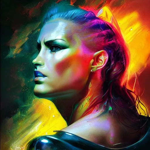 Prompt: cyberpunk goddess, side portrait, striking, angry, defiant, spotlight, vibrant colors, paint splash, beautiful eyes, by marco paludet and gianni strino and marion bolognesi