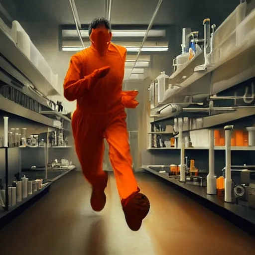 Image similar to a man in an orange jumpsuit running in a laboratory,digital art,ultra realistic,ultra detailed,art by greg rutkowski