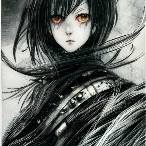 Image similar to yoshitaka amano realistic illustration of an anime girl with black eyes, wavy white hair fluttering in the wind and cracks on her face wearing elden ring armour with engraving, abstract black and white patterns on the background, noisy film grain effect, highly detailed, renaissance oil painting, weird portrait angle, blurred and dreamy portrait, three quarter angle, evangelion color palette