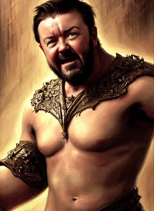 Image similar to portrait of ricky gervais as a minotaur, d & d, muscular! fantasy, intricate, elegant, highly detailed, digital painting, artstation, concept art, smooth, sharp focus, illustration, art by artgerm and greg rutkowski and alphonse mucha