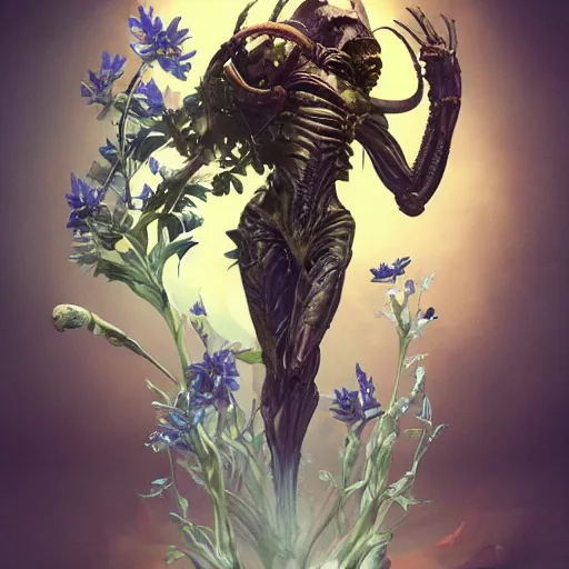 Image similar to a xenomorph made of flowers, art by artgerm and greg rutkowski and alphonse mucha, concept art, octane render, unreal engine 5, highly detailed, high quality, 8 k, soft lighting, path traced