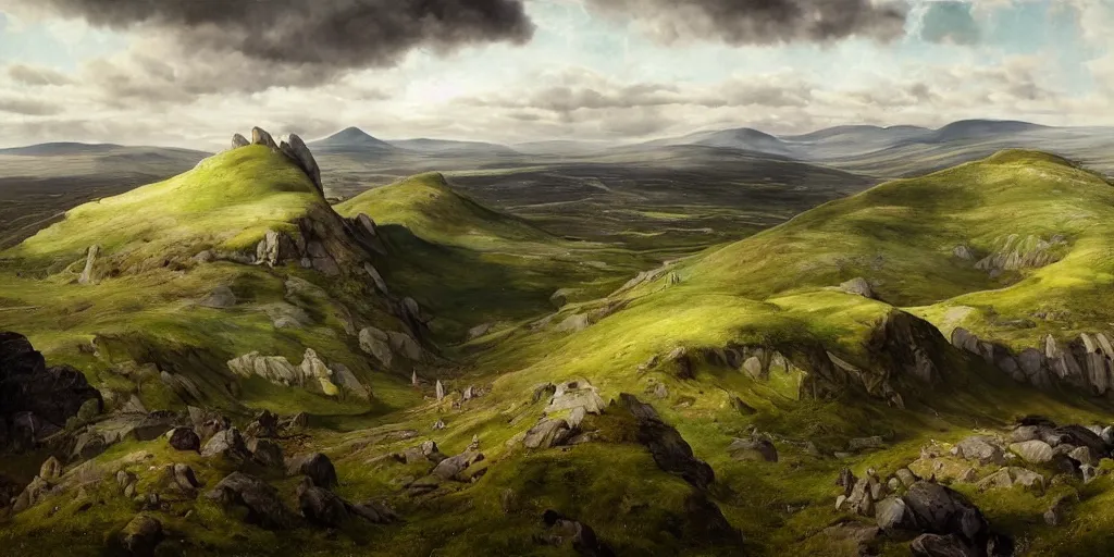 Image similar to Beautiful landscape of Aberdeenshire and Bennachie in the centre, physically accurate, dramatic dynamic lighting, intricate, elegant, highly detailed, digital painting, artstation, very hyperrealistic, Hieronymus Bosch, Tomas Sanchez, Renaissance, concept art, smooth, sharp focus, illustration, art by artgerm and greg rutkowski and alphonse mucha