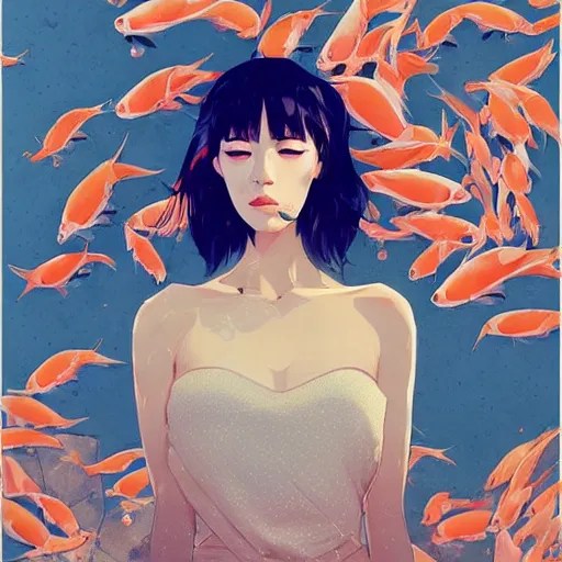 Image similar to a ultradetailed beautiful portrait panting of a stylish woman surrounded by floating koi fish, by conrad roset, greg rutkowski and makoto shinkai, trending on artstation