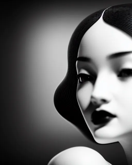 Image similar to black and white dreamy young beautiful female artificial intelligence, cinematic, rim light, photo - realistic, elegant, high detail, 8 k, masterpiece, photo taken in 1 9 3 0