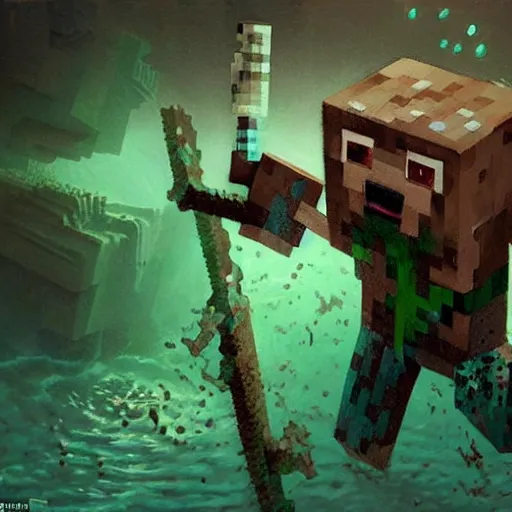 Prompt: painting by greg rutkowski of a minecraft drowned zombie with glowing cyan eyes, wearing ragged clothing and and algae growing on it, holding a trident, underwater