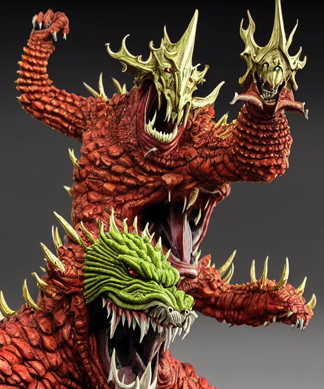 Image similar to a hyperrealistic rendering of an epic boss fight against ornate king emporer jewel crown war armor battle kaiju beast god by art of skinner and richard corben, product photography, collectible action figure, sofubi