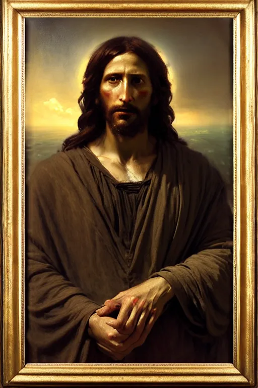 Image similar to photograph imax and solomon joseph solomon and richard schmid and jeremy lipking victorian loose genre loose painting full length portrait painting of jesus