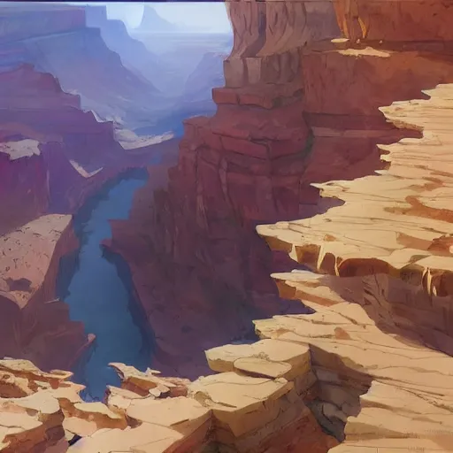 Image similar to concept art painting of a grand canyon with huge ocean inside, giant river, with unfinished bridge under construction, realistic, detailed, cel shaded, in the style of makoto shinkai and greg rutkowski and james gurney