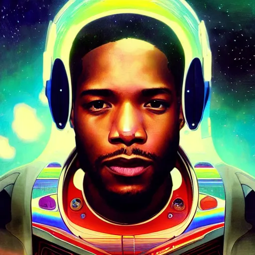 Image similar to scifi character portrait of Kid Cudi piloting a spaceship, light leak, rainbow spectrum, intricate, wild, highly detailed, digital painting, artstation, concept art, smooth, sharp focus, illustration, art by artgerm and greg rutkowski and alphonse mucha