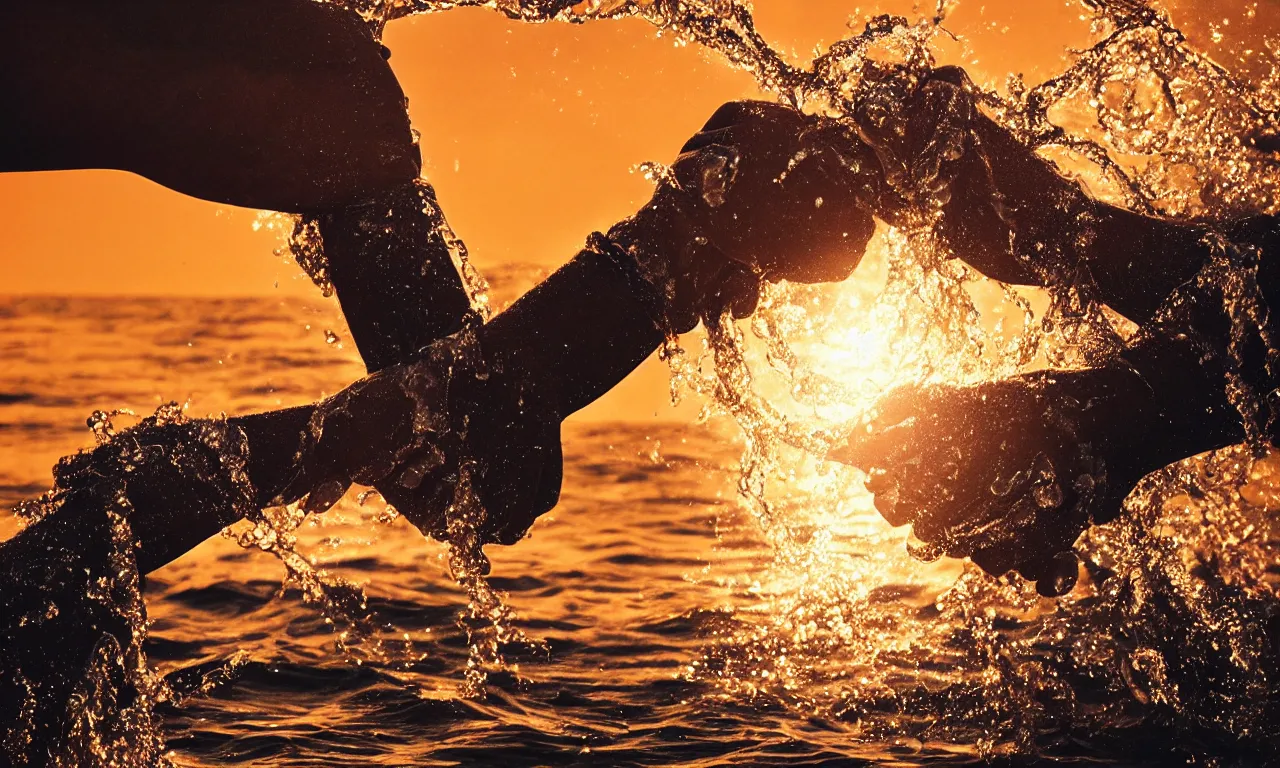 Image similar to illustration of many highly accurate arms gripping each other by the forearms, at sunset, in the style trending on artstation, cinematic, expressing the idea of teamwork, with water, waves, ocean spray, dramatic lighting