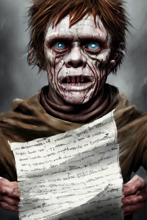 Image similar to A deranged tiny filthy halfling looking like Willem Dafoe wearing long dark damaged ripped robes showing a magic paper scroll, camera looking down upon, long fingernails, unclipped fingernails, sharp fingernails, focus on face, sharp focus, digital painting, trending on artstation, concept art, fantasy, medieval