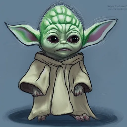 Prompt: Concept art of Baby Yoda wearing sith robes
