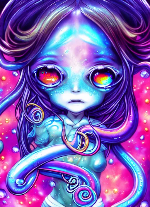 Image similar to A full shot of a chibi girl from the Abyss covered in opal. Symmetrical. Underwater. Dark foreboding Atmosphere. Sailor Moon. Tentacles. Kawaii. Rainbows. By Lisa Frank and HR Giger and Ross Tran. Key Art. Fantasy Illustration. award winning, Artstation, intricate details, realistic, Hyperdetailed, 8k resolution. Photoreal. Octane Render.