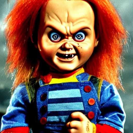 Image similar to Chucky the killer doll from the movie Child's Play VS demonic toys movie poster