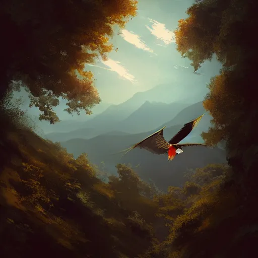 Prompt: kite bird, milvus milvus, milano bird, flying in avila mountains, 4 k, concept art, by wlop, ilya kuvshinov, artgerm, krenz cushart, greg rutkowski, pixiv. cinematic dramatic atmosphere, sharp focus, volumetric lighting, cinematic lighting, studio quality