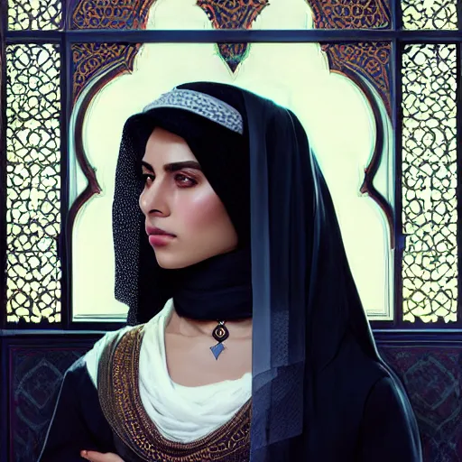 Image similar to a Photorealistic dramatic hyperrealistic render of an arab ameera al taweel, blue eyes, black hair, white veil,by WLOP,Artgerm,Greg Rutkowski,Alphonse Mucha, Beautiful dynamic dramatic dark moody lighting,shadows,cinematic atmosphere,Artstation,concept design art,Octane render,8K