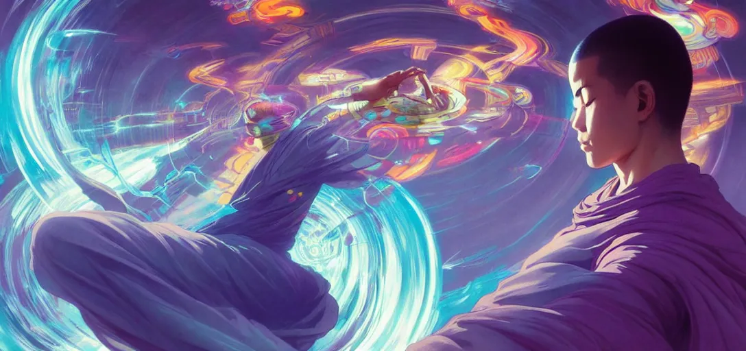 Image similar to a floating monk praying, channeling swirling energy, wearing netrunner clothing, vaporwave aesthetic, colorful, psychedelic, digital painting, artstation, concept art, smooth, sharp focus, illustration, art by artgerm and greg rutkowski and alphonse mucha