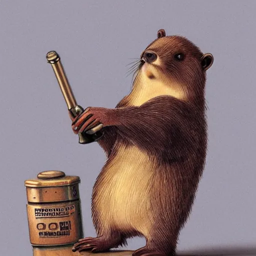 Image similar to soviet russian beaver holding a drill hyper realistic