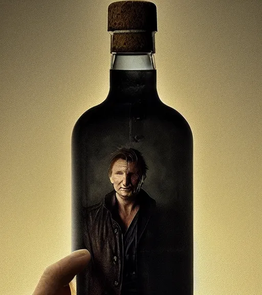 Prompt: liam neeson inside a gin bottle. magical atmosphere. art by greg rutkowski. lifelike. very detailed 8 k. intricate. soft light. nikon d 8 5 0.