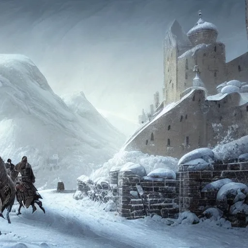 Image similar to Landscape of snowy mountains where we can perceive in the distance two ancient roman centurions on horses crossing the snow, distant imperial russian citadel with black domes and spires, snow storm, highly detailed, digital painting, artstation, concept art, illustration, art by Bayard Wu and Marc Simonetti and Diego Gisbert Llorens