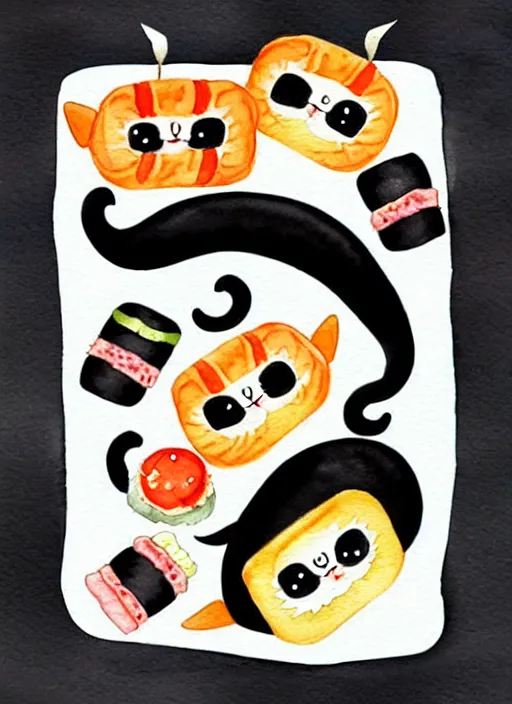 Image similar to cute cats and sushi watercolour