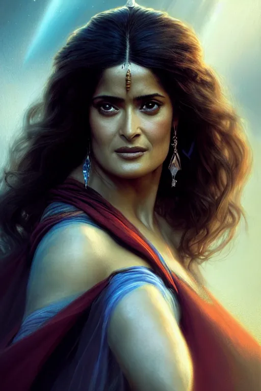 Image similar to salma hayek as a princess of eternal beauty and grace, face portrait, raphael lacoste, eddie mendoza, alex ross, concept art, matte painting, highly detailed, rule of thirds, dynamic lighting, cinematic, detailed, denoised, centerd