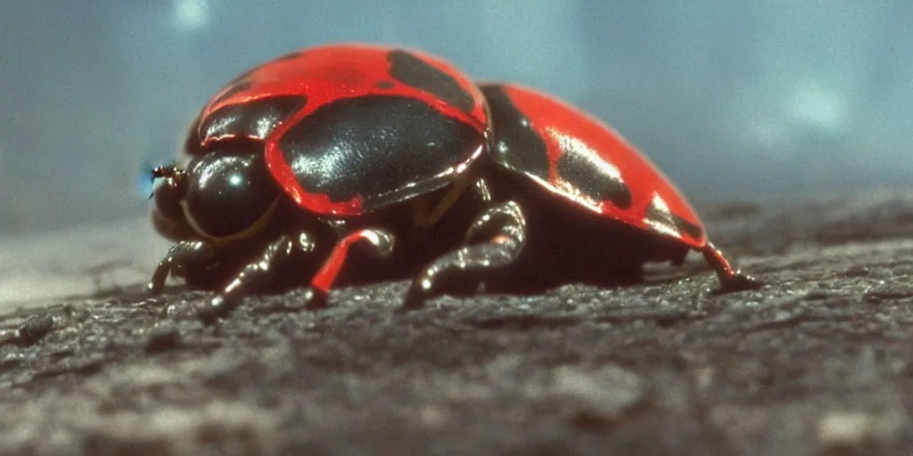 Prompt: a 3 d rendered movie still a ladybug descendant 1 million into the future. the ladybug is sentient, wears a spacesuit, and travels the stars in a super awesome space ship. science fiction blockbuster movie ladybugs rule the world, imax 7 0 mm. bladerunner, silent running