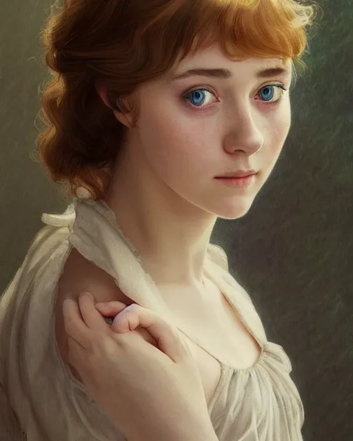 Image similar to a girl that looks like 16-year old Saoirse Ronan, Audrey Hepburn, and Scarlett Johansson, dressed in a nightgown, highly detailed, digital painting, artstation, concept art, smooth, sharp focus, illustration, ArtStation, alphonse mucha and J. C. Leyendecker and Edmund Blair Leighton Donato Giancola