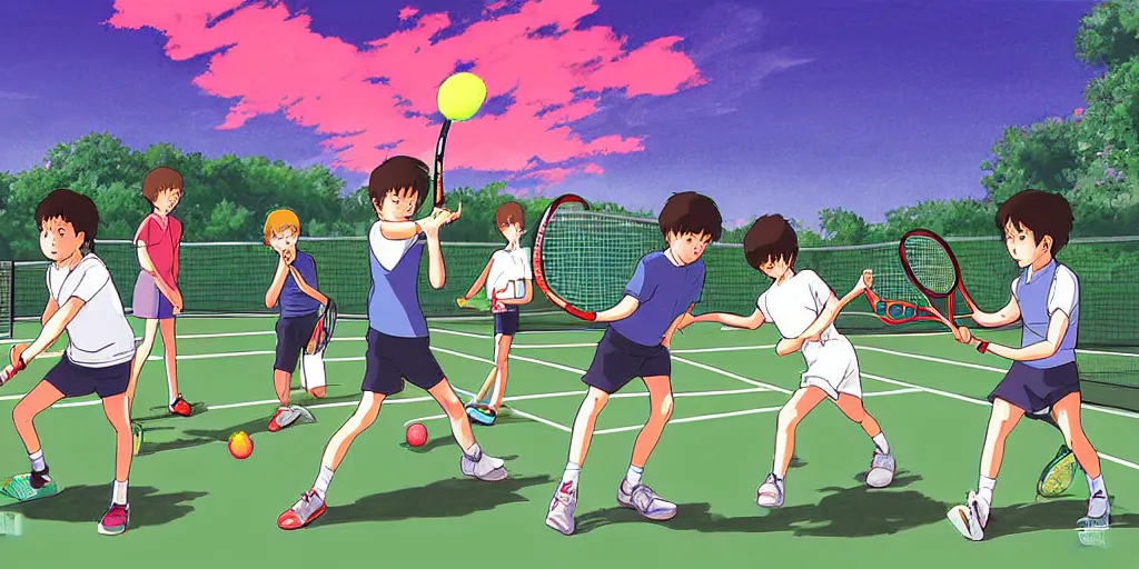 Image similar to digital art of anatomically correct kids playing tennis by studio ghibli