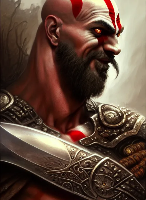 Image similar to closeup portrait shot of kratos with an axe, intricate, elegant, highly detailed, centered, digital painting, artstation, concept art, smooth, sharp focus, illustration, artgerm, tomasz alen kopera, peter mohrbacher, donato giancola, joseph christian leyendecker, wlop, boris vallejo