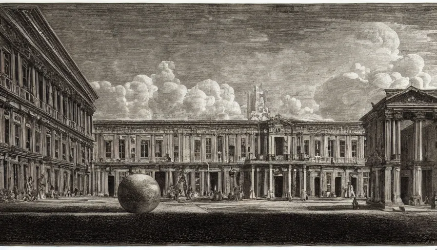 Image similar to a huge square with esoteric building with spheres, by piranesi, high quality, high detailed