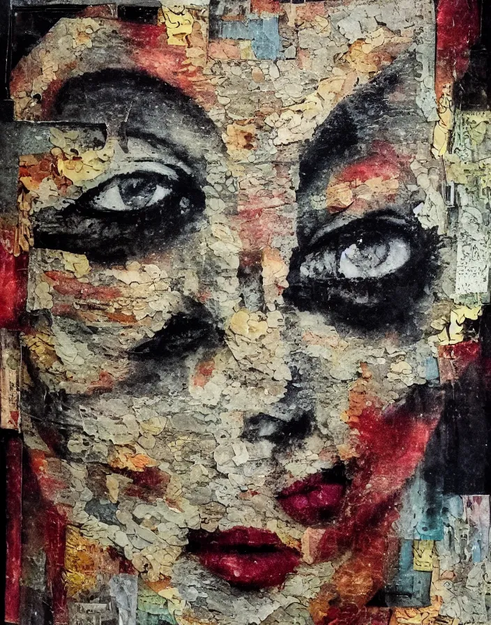 Prompt: looking at you seeing myself detailed analogue mixed media collage with canvas texture in style of contemporary art, punk art, hyperrealistic beautiful face, photorealistic, expressionism, masterpiece, perfect composition, spectacular quality, intricate oil details, torn paper edges, glass