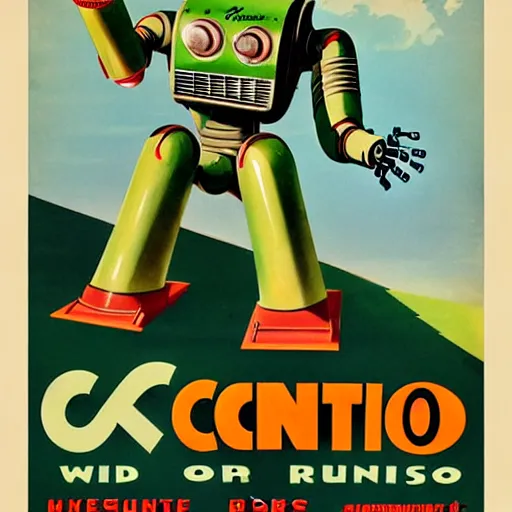 Prompt: 1950s retro cactus robot movie poster, without text. Bionic Arms and eyes. muted colours. by Jean-Baptiste Monge, wide shot