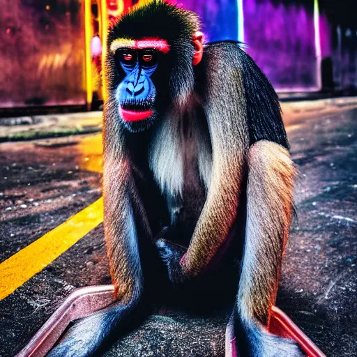 Image similar to a high quality low wide angle photo of a Mandrill monkey on the streets of a cyberpunk city, rainy, reflective ground, neon lights, realism, 8k