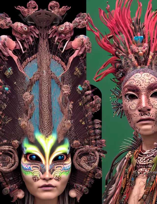 Image similar to 3 d goddess close - up profile portrait amazonian punk with mohawk with ayahuasca skull. beautiful intricately detailed ayahuasca kitsune mask and sacred amazon shaman kimono. bio - luminescent jellyfish phoenix puma, plasma, ice, water, wind, creature, artwork by tooth wu and wlop and beeple and greg rutkowski