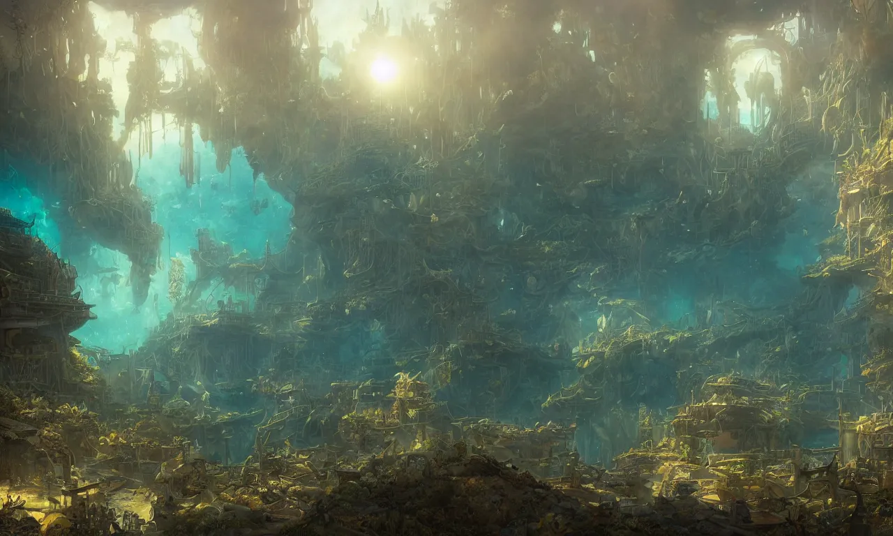 Image similar to a scenic landscaping view of the lost and abandoned city of Atlantic under water, ray of sunlight, mermaids in distance, Greg Rutkowski, Moebius, Mohrbacher, Mucha, blue and gold color scheme, ultra wide angle, ultra detailed, light effect